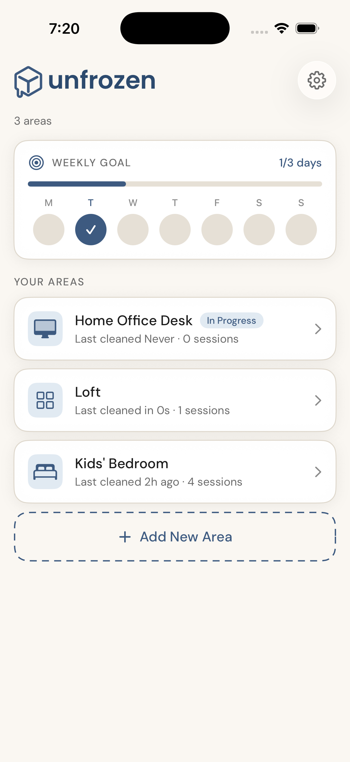Unfrozen app - Home screen showing areas and weekly goal